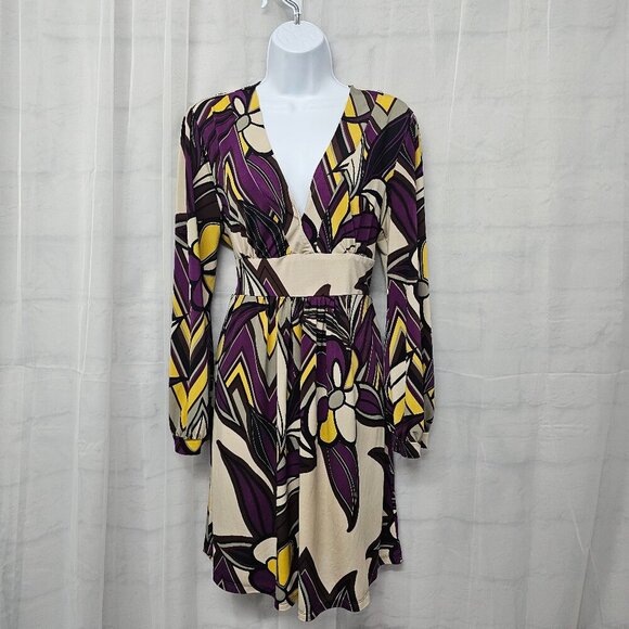 Catch My I Purple Yellow Mini Dress Floral Boho Retro Funky Tie Back XL - Picture 10 of 10